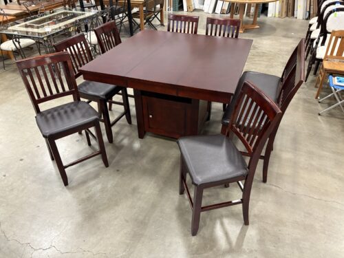 Mahogany Finished Extendable Counter Height Dining Table with 6 Chairs and Bench