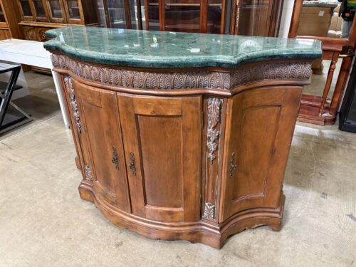 Vintage Wooden Neoclassical Style 4 Door Credenza with Green Marble Top