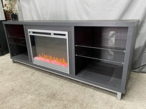 AMERIWOOD HOME Lumina Dark Grey Electric Fireplace TV Stand w/ 8 Light Settings & Crystal Ember Bed