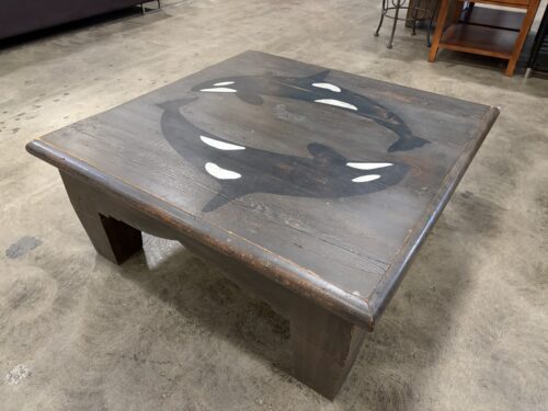 Square Dark Finished Solid Wood Coffee Table with Hand Painted Orca Design