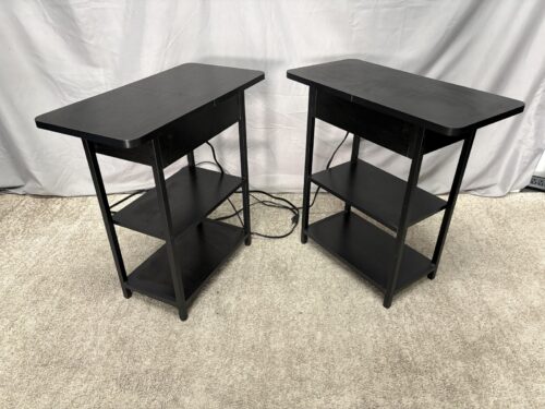 Black 3-Tier Flip Top End Table w/ Power Strip (Set of 2)