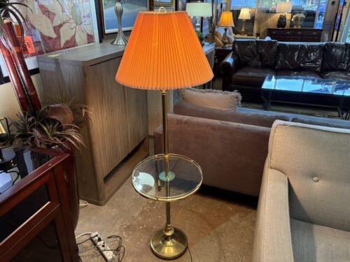 Vintage Brass Floor Lamp & Glass Table w/ Tan Pleated Shade