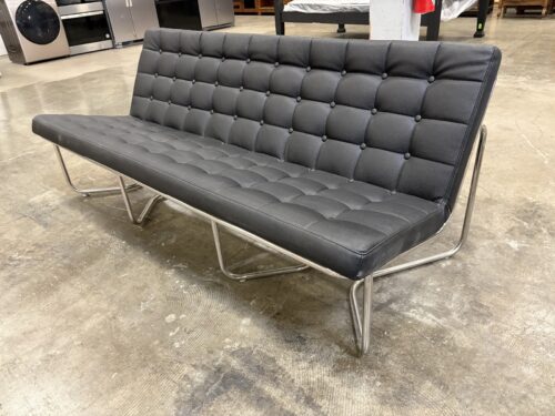 MODERN LINE FURNITURE Modern Armless Pebbled Black Leather Button Tufted Sofa with Chrome Base