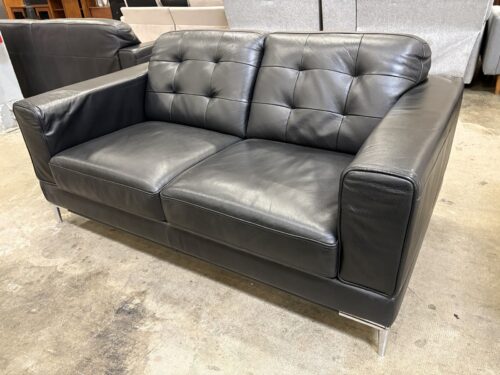 JASON FURNITURE Modern Black Leather Loveseat with Tufted Back Cushions and Chrome Legs