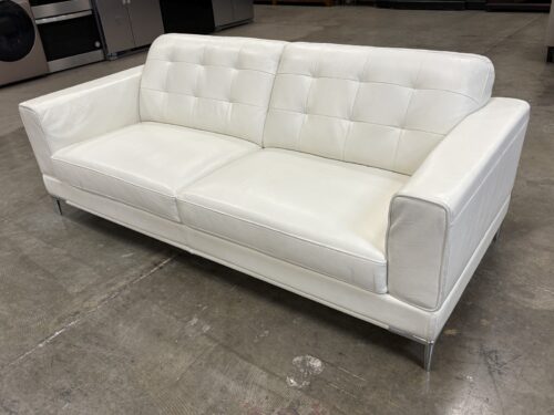 JASON FURNITURE Modern Square Arm White Leather Sofa with Tufted Back Cushions and Chrome Legs
