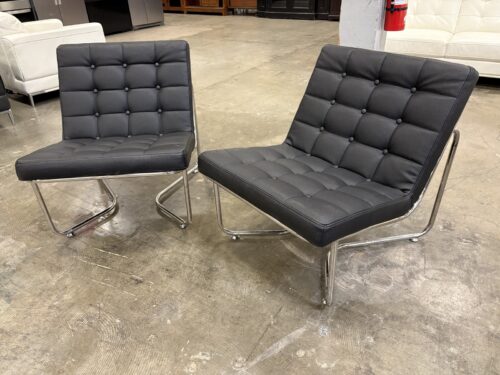 MODERN LINE FURNITURE Modern Pebbled Black Button Tufted Leather Accent Chair with Chrome Base (Set of 2)