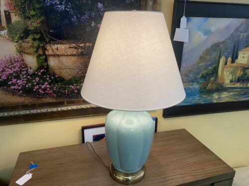 Vintage Celadon Glazed Fluted Table Lamp w/ Beige Shade