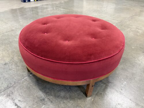 Vintage Round Ruby Velvet Button Tufted Ottoman with Walnut Finished Base