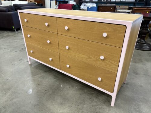 LAND OF NOD Larkin 6 Drawer Dresser with Petal Pink Metal Trim and Pulls