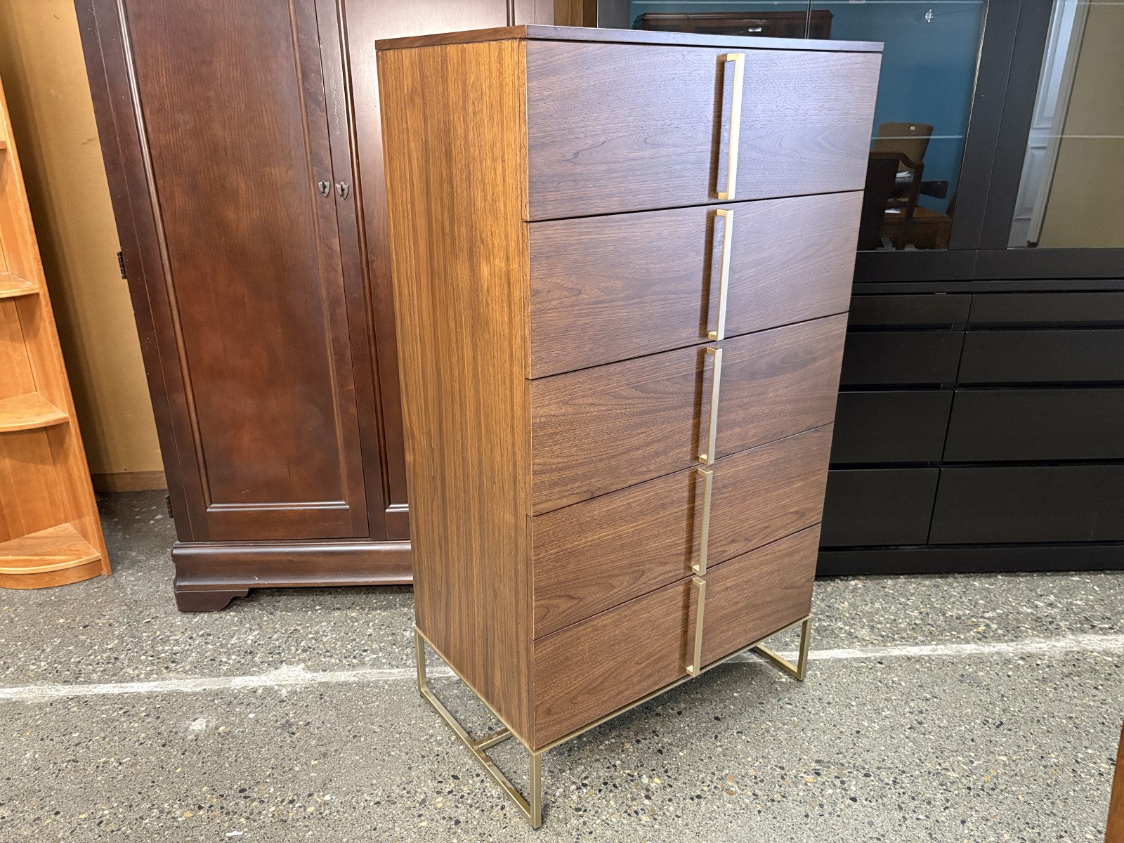 ETHAN ALLEN Montclaire Warm Walnut & Champagne Brass Tall Dresser