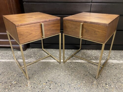 ETHAN ALLEN Monclair Warm Walnut & Champagne Brass Single Drawer Nightstands (Set of 2)