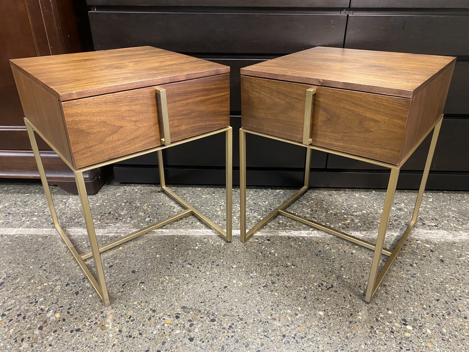 ETHAN ALLEN Monclair Warm Walnut & Champagne Brass Single Drawer Nightstands (Set of 2)