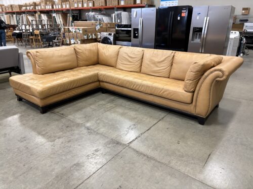 Opulent Made-in-Mexico Tufted Camel Leather L-Shaped Sectional Sofa with High Roll Arms and Nailhead Trim
