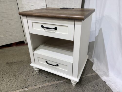 Two Tone Farmhouse Style Nightstand with Charging Station