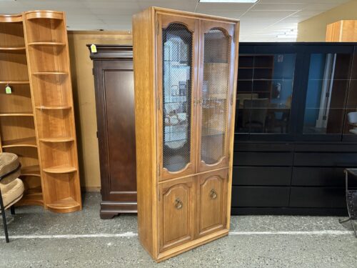 Vintage French Provincial China Hutch w/ Metal Lattice Door & Ring Pulls