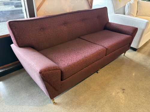 Vintage Mid-Century Modern Scribble Pattern Burgundy Sofa