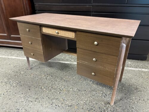 Vintage Mid-Century Modern Dark Walnut Double Pedestal Desk w/ Cane Front Drawer