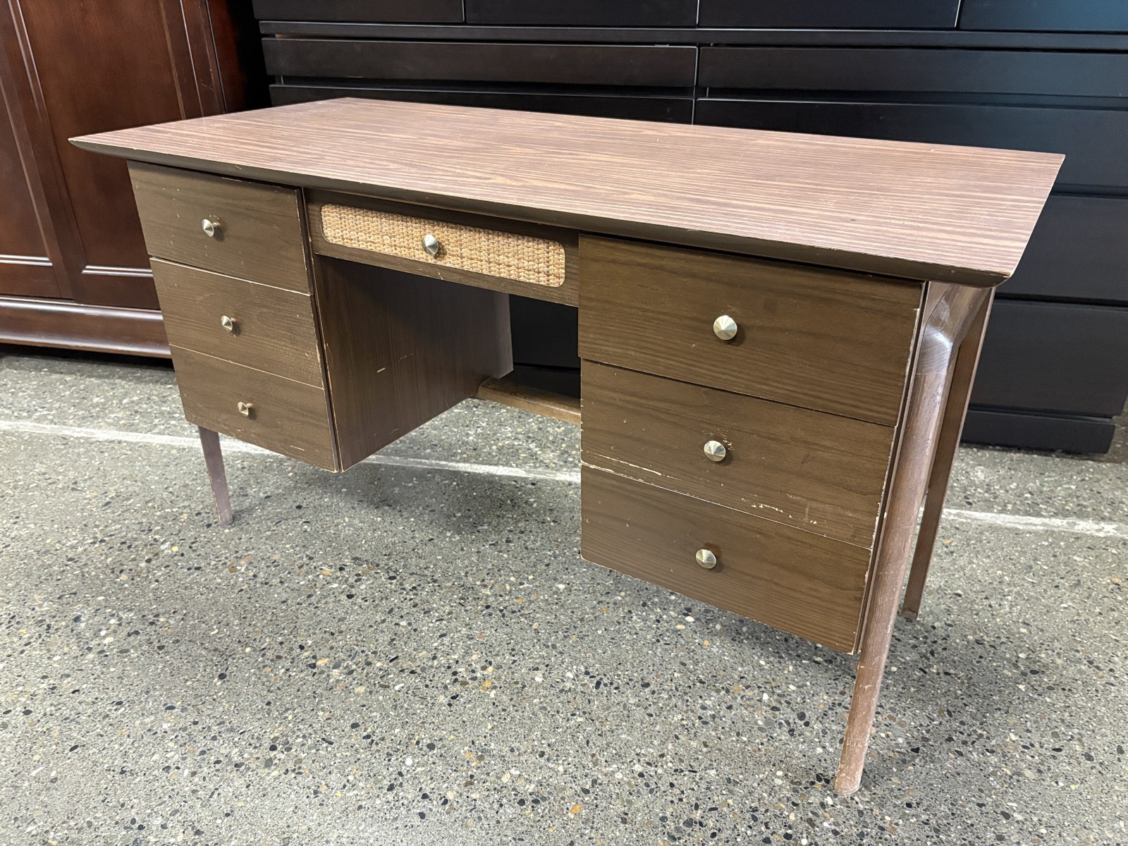 Vintage Mid-Century Modern Dark Walnut Double Pedestal Desk w/ Cane Front Drawer