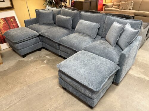 Steel Blue Fabric Sectional w/ 2 Ottomans