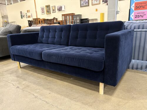 IKEA Morabo Dark Blue Velvet Tufted Sofa With Mismatched Legs