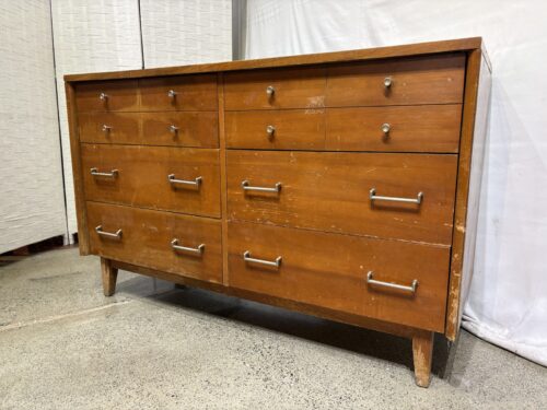 Vintage Mid-Century Modern Six Drawer Dresser with Silver Hardware