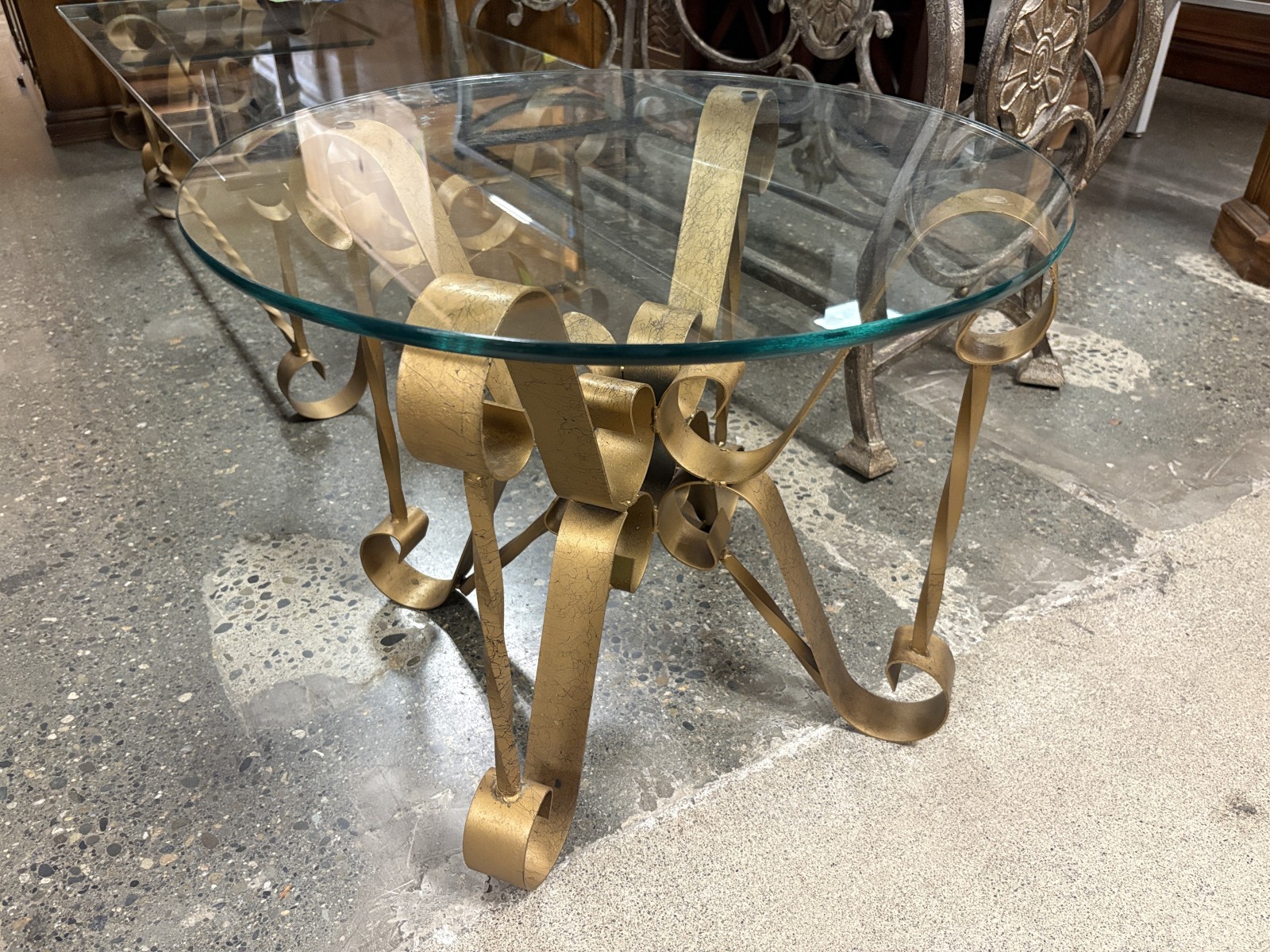 Round Hollywood Regency Style Scrolled Gold-Guilded Glass Top Side Table