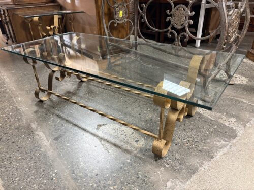 Rectangular Hollywood Regency Style Scrolled Gold-Guilded Glass Top Coffee Table