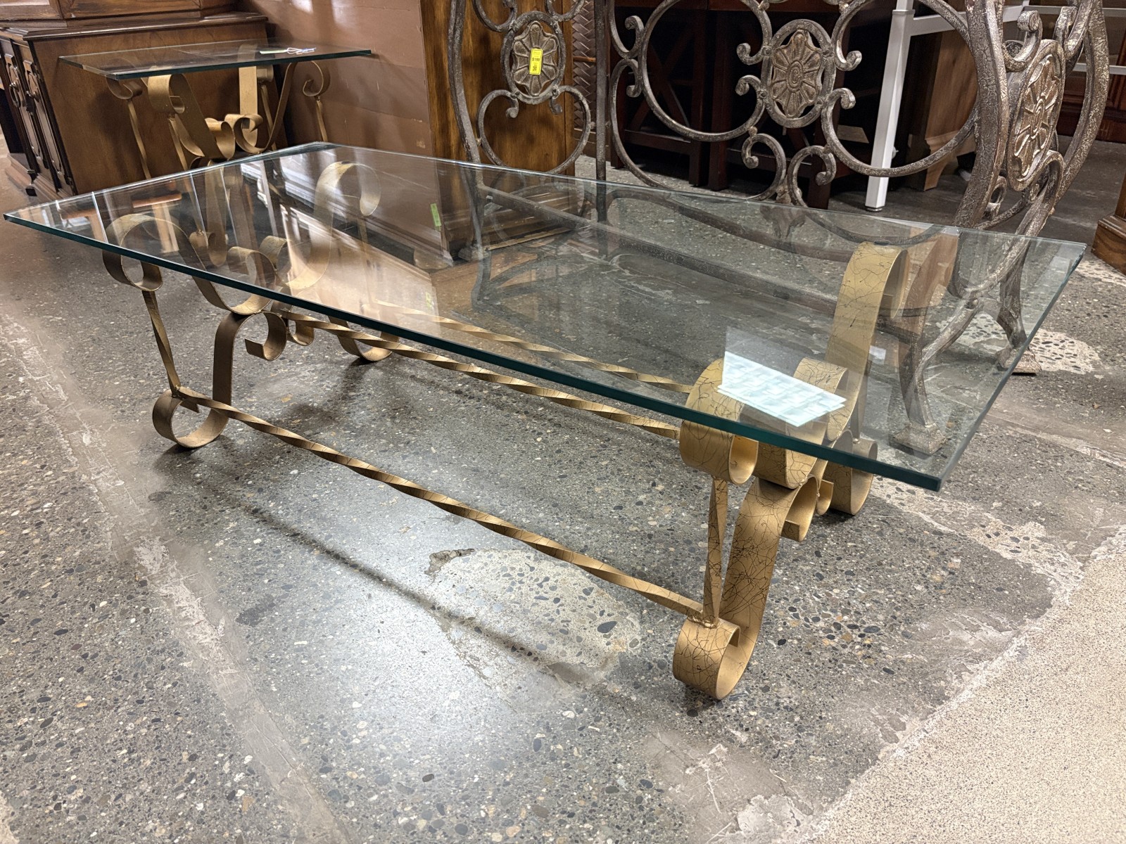 Rectangular Hollywood Regency Style Scrolled Gold-Guilded Glass Top Coffee Table