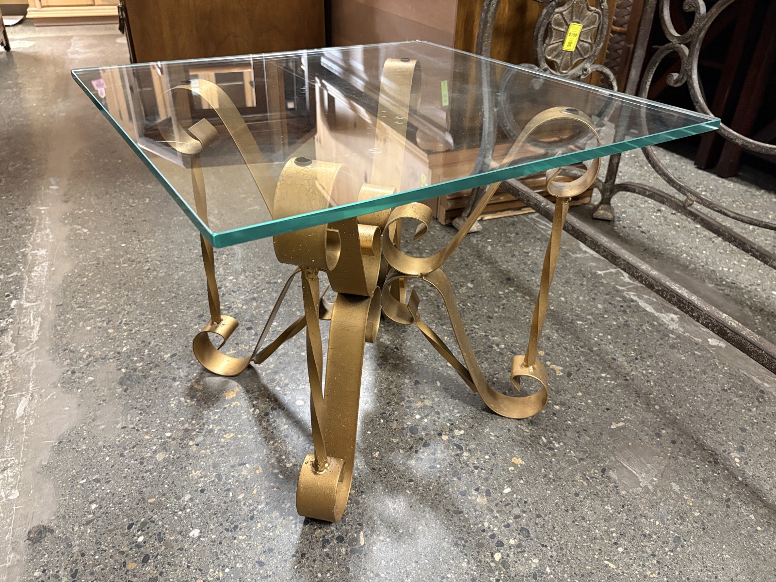 Square Hollywood Regency Style Scrolled Gold-Guilded Glass Top Side Table