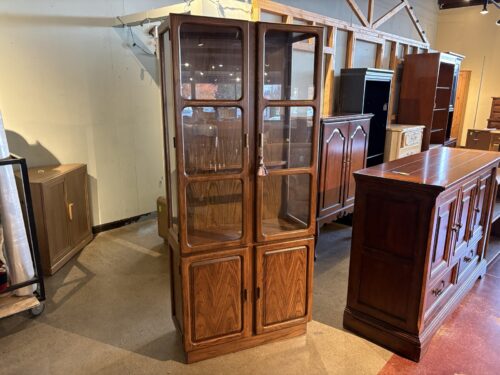 Vintage Oak Curio Cabinet with Curved Edge Glass Doors and Lower Storage