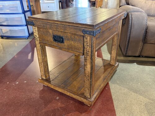 Rustic Single Drawer Side Table w/ Metal Banded Corners