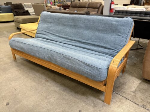 Classic Wood Futon with Denim Blue Cushion