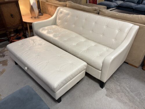 LIND Salisbury White Tufted Leather Sofa w/ Long Storage Ottoman