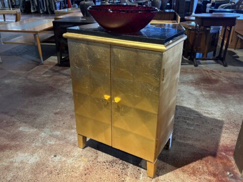 Gold Sink Cabinet w/ Handcrafted Spiral Cherry Red Vessel Sink & Black Stone Countertop