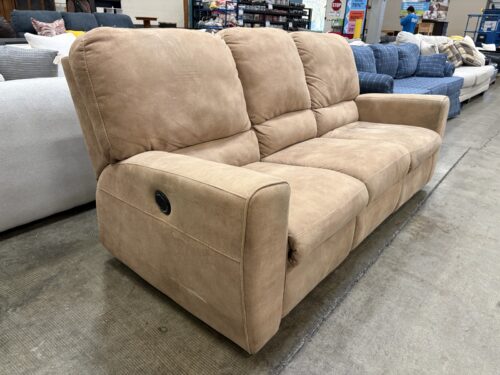Modern Tan Latte Power Reclining Sofa with Track Arms and Split Back Cushions
