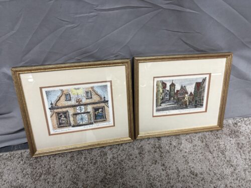Vintage Original Colored Signed Etchings of Rothenburg ob der Tauber by Ernst Geissendorfer (Set of 2)