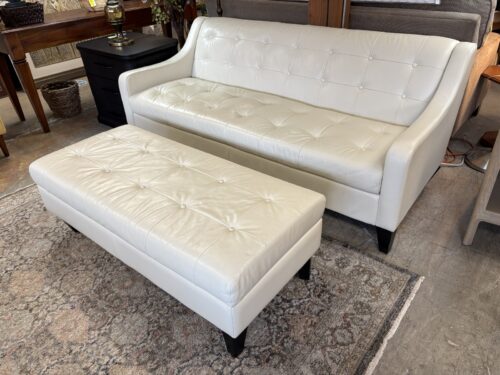 LIND Salisbury White Tufted Leather Sofa w/ Long Storage Ottoman