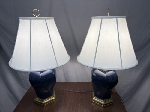 Vintage Dark Blue Glazed Twisted Urn Table Lamp w/ White Bell Shade (Set of 2)