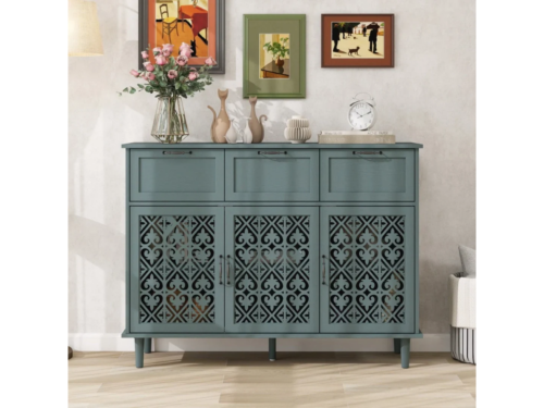 NEW! 3 Door Carved Wood Cabinet With Drawers And Black Hardware