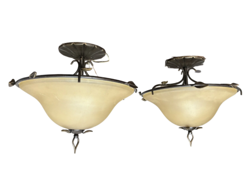 Semi Flush Mount Bronze Leaf & Tea Stained Glass Light Fixtures (Set of 2)